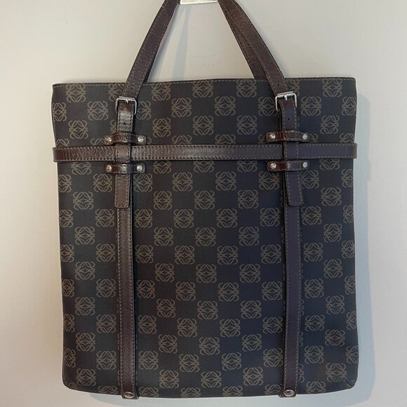 Loewe Vintage Canvas and Leather Anagram Tote - Dark Brown and Black - Preowned - Picture 2 of 15